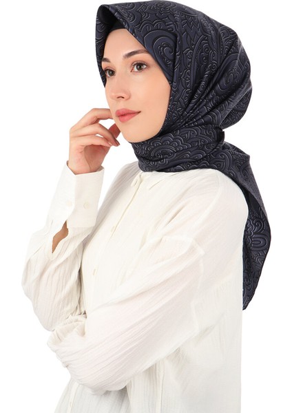 Koyu Lacivert Sanat Desen Twill Ipek Eşarp