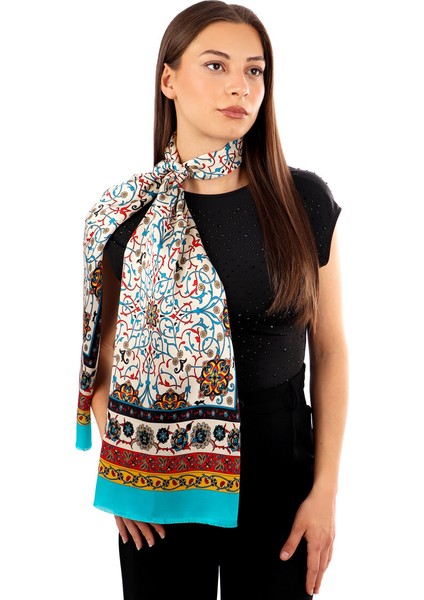 Turkuaz Sarmaşık Desen Dar Ipek Fular