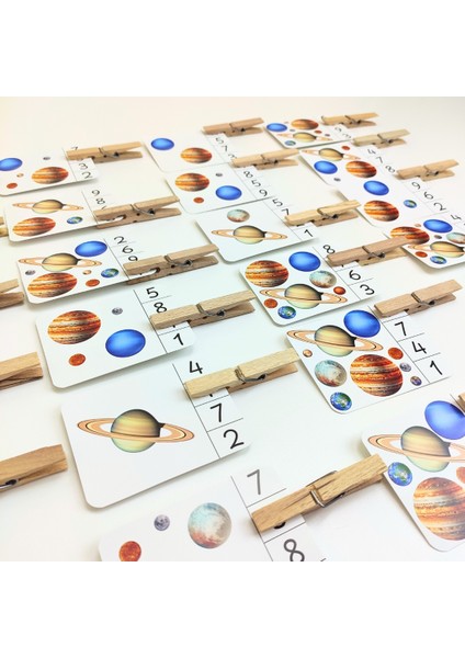 Okul Öncesi Sayma Oyunu – Uzay Temalı Montessori Sayı Kartları ve Mandallar ile Eğlenceli Etkinlik – Gezegenlerle3-6 Yaş Sayma Oyunu | 22 Kart + 22 Ahşap Mandal