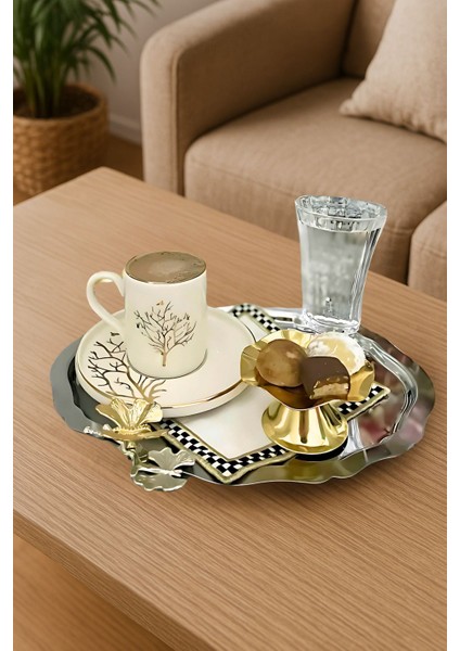 6'lı Lüx Oval Kahve ve Çay Sunum Tepsisi, Kelebek Aksesuarlı, Paslanmaz, 25X20CM