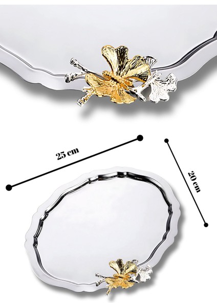 6'lı Lüx Oval Kahve ve Çay Sunum Tepsisi, Kelebek Aksesuarlı, Paslanmaz, 25X20CM fiyatları