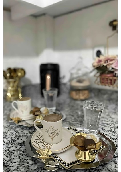 6'lı Lüx Oval Kahve ve Çay Sunum Tepsisi, Kelebek Aksesuarlı, Paslanmaz, 25X20CM modelleri