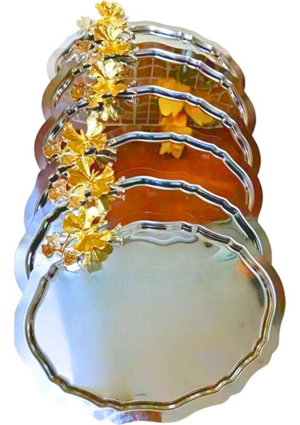 6'lı Lüx Oval Kahve ve Çay Sunum Tepsisi, Kelebek Aksesuarlı, Paslanmaz, 25X20CM fırsatları