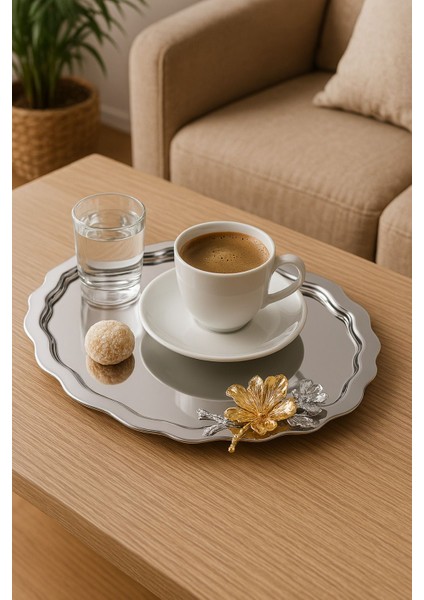 6'lı Lüx Oval Kahve ve Çay Sunum Tepsisi, Kelebek Aksesuarlı, Paslanmaz, 25X20CM indirimleri