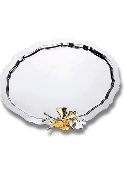 6'lı Lüx Oval Kahve ve Çay Sunum Tepsisi, Kelebek Aksesuarlı, Paslanmaz, 25X20CM