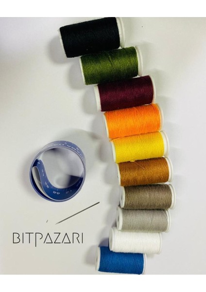 10 Renk Dikiş Ipi, Mezura ve Iğne Seti Akrilik Kapaklı Kutu ile Birlikte