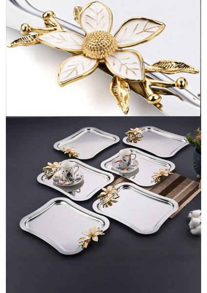 6 Adet Gri Italyan Model Büyük Papatya Gül Motifli Sunum Tepsisi 27X22 cm