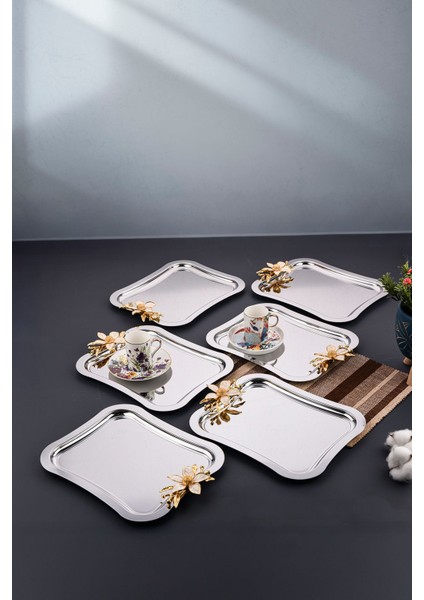 6 Adet Gri Italyan Model Büyük Papatya Gül Motifli Sunum Tepsisi 27X22 cm modelleri