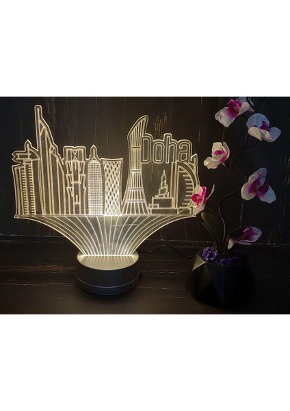 Pleksi Beyaz 3D Kuleler LED Işıklı Masaüstü Gece Lambası