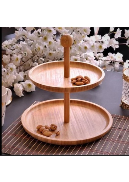 Yuvarlak Iki Katlı Bambu Sunumluk, Şekerlik, Kurabiyelik, Peynirlik 20-25 cm