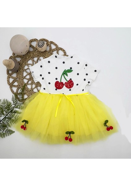 1-2-3 Yaş Payetli Kiraz Nakışlı Kiraz Etekli Kız Bebek Tütü Elbisesi Sarı