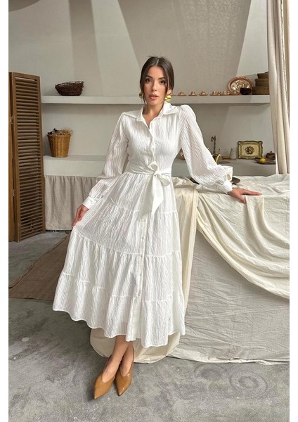 Ekru Çizgi Desenli Uzun Elbise modelleri