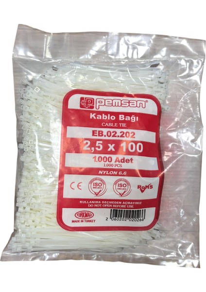 Kablo Bağı Cırt Kelepçe 2.5X100 mm Beyaz 1000 Adet Fiyatıdır