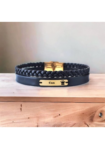 Altın Plakalı 14 Ayar Can Ismine Özel Taç Figürlü Doğal Siyah Derili Hediye BILEKLIK-580ISIM fiyatları