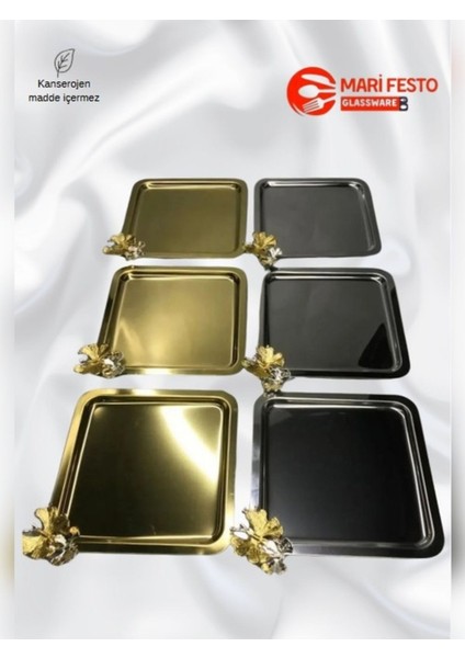 Kare 3ADET Gold Gümüş Kahve Çay Sunum Servis Tepsisi Kelebekli Gri Set