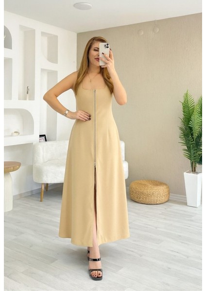 Miracotton Kadın Askılı Kare Yaka Önden Fermuarlı Geniş Kesim Janjan Krep Elbise modelleri