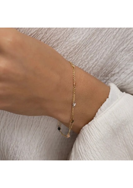 Yuvarlak Çift Zincir Tasarım Detaylı Altın Bileklik