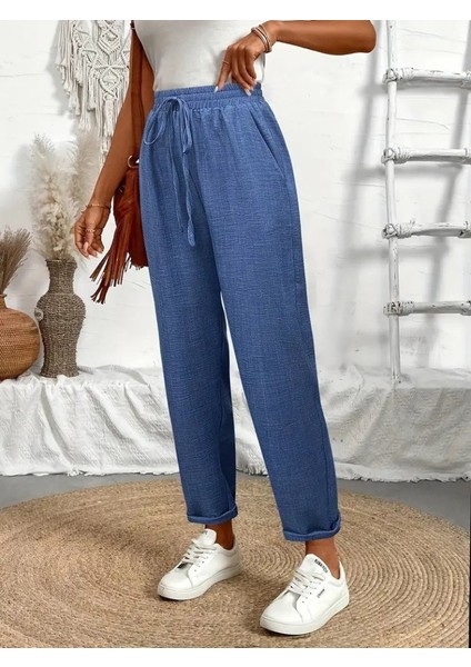 Kadın Yüksek Bel Lastikli Belde Bağcık Detaylı Aerobin Pantolon