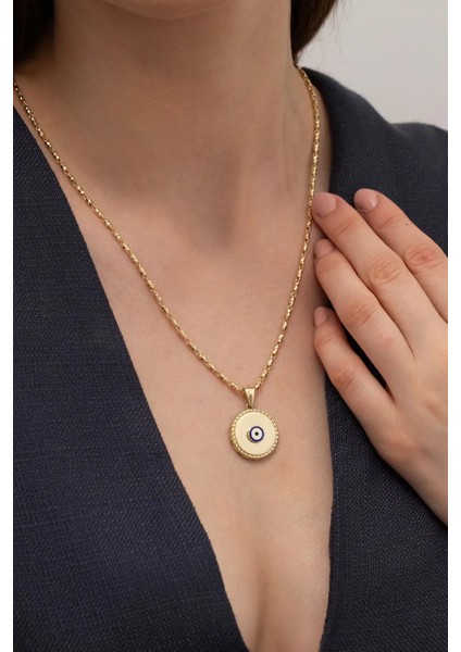 Nazar Boncuklu Mineli Yuvarlak Altın Kolye Ucu