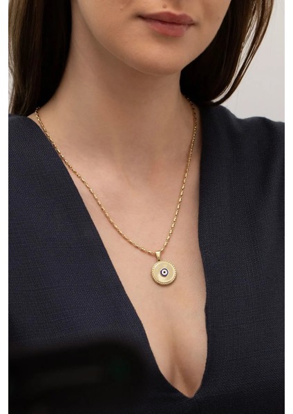 Nazar Boncuklu Mineli Yuvarlak Altın Kolye Ucu fiyatları