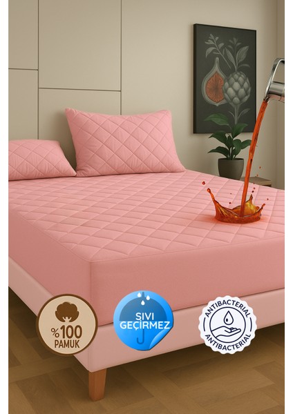 Pamukkale Alez Pembe Pamuk Kapitone Sıvı Geçirmez Alez Fitted Çarşaf