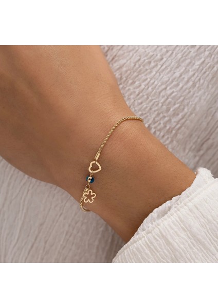 Minimal Charm Çiçek ve Kalp Altın Bileklik