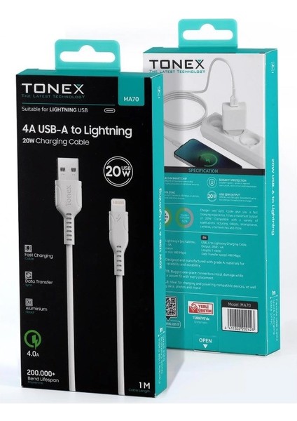 USB To Lightning 4A 20W Şarj Data Kablosu 1m - MA70
