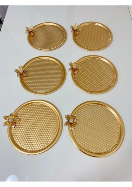 6'lı Zambak Desenli Yuvarlak Gold Servis Tepsisi, Çay, Pasta, Kahve 23 cm