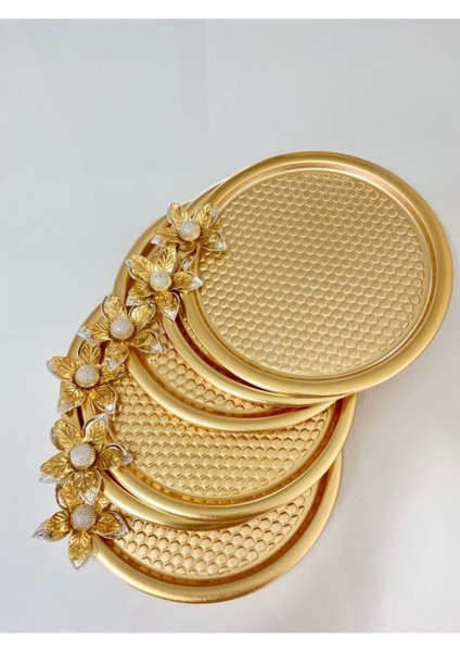 6'lı Zambak Desenli Yuvarlak Gold Servis Tepsisi, Çay, Pasta, Kahve 23 cm fiyatları