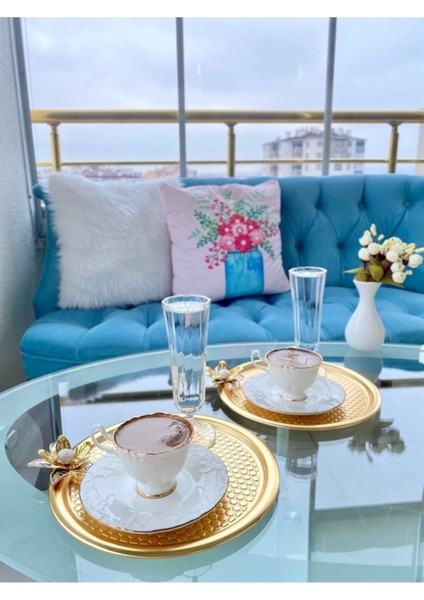 6'lı Zambak Desenli Yuvarlak Gold Servis Tepsisi, Çay, Pasta, Kahve 23 cm modelleri