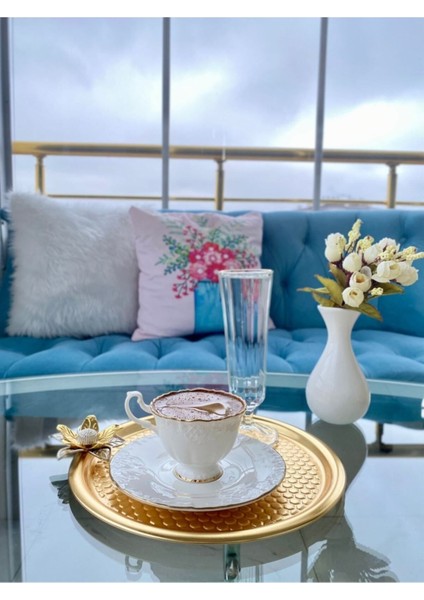 6'lı Zambak Desenli Yuvarlak Gold Servis Tepsisi, Çay, Pasta, Kahve 23 cm fırsatları