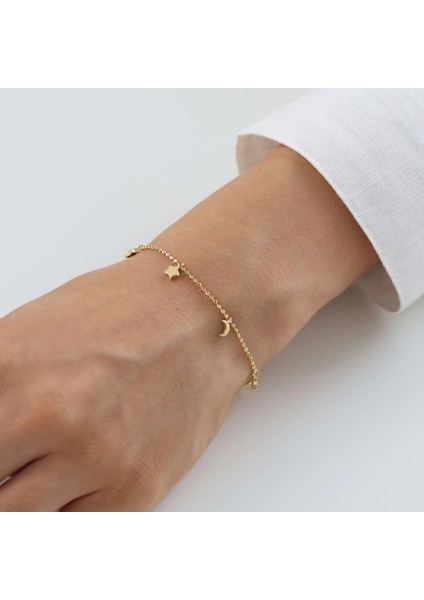 Nisera Charm Sallantılı Ay ve Yıldız Altın Bileklik