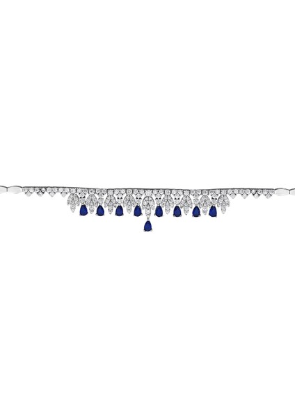 Lacivert Taş Detaylı Swarovski Beyaz Altın Set modelleri