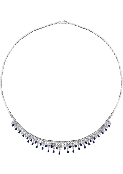 Lacivert Taş Detaylı Swarovski Beyaz Altın Set