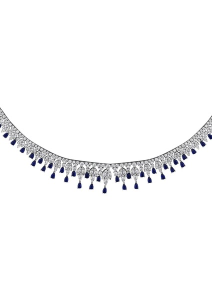 Lacivert Taş Detaylı Swarovski Beyaz Altın Set