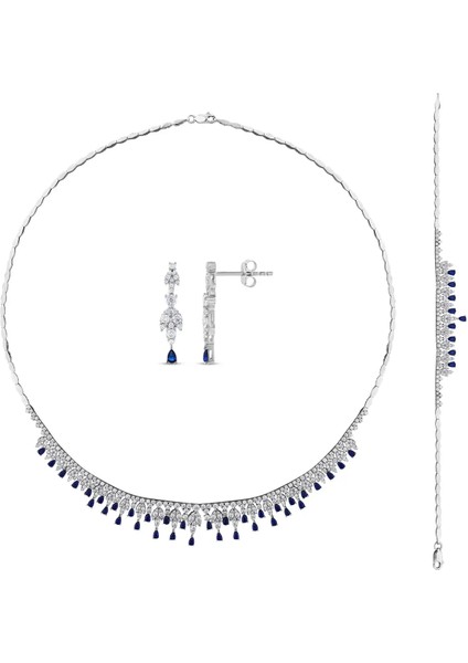 Lacivert Taş Detaylı Swarovski Beyaz Altın Set