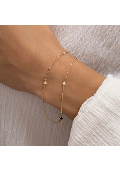 Minimal Üç Renk Üçgen Tasarım Çift Zincir Altın Bileklik