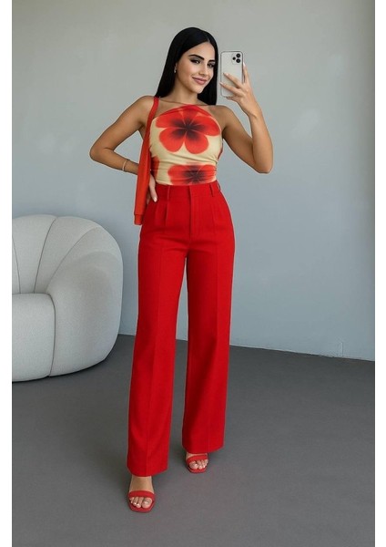 Kadın Yüksek Bel Plise Detay Bol Paça Pantolon