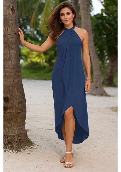 Miracotton Kadın Omuzlardan Açık Boyundan Geçmeli Asimetrik Kesim Detaylı Viskon Elbise