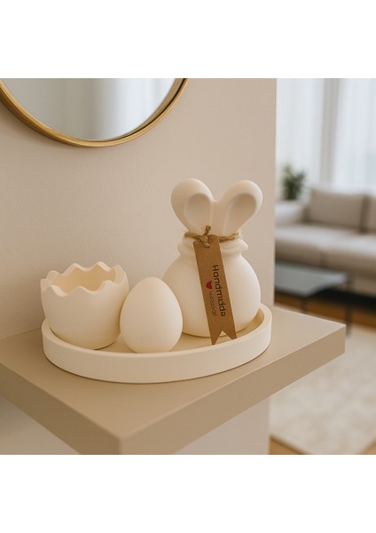 🐰 3’lü El Yapımı Dekor Seti – Tavşan Figürü, Yumurta ve Yumurta Kabuğu Objeleri ile Modern Taş Tozu Tepsi