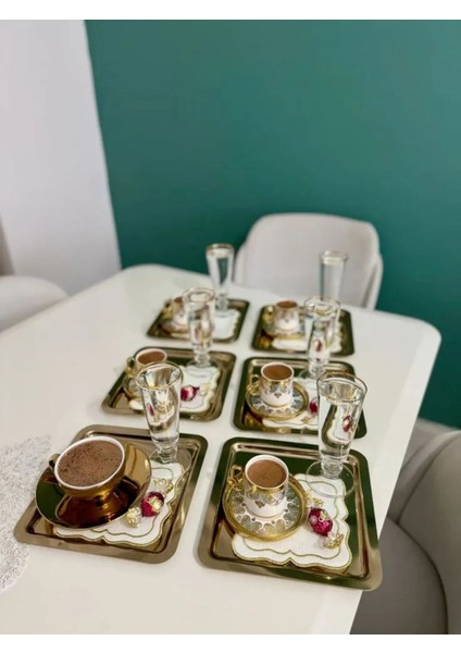 6'lı Altın Parlak Kare Paslanmaz Çelik Kahve Servis Tepsisi (21X21)