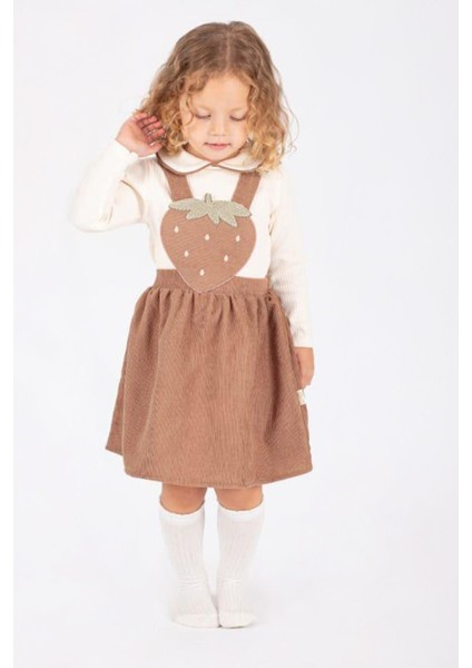 Minigimin Cicileri Çilek Desen Salopet 2 Li Kız Çoçuk takım - Sütlü Kahverengi