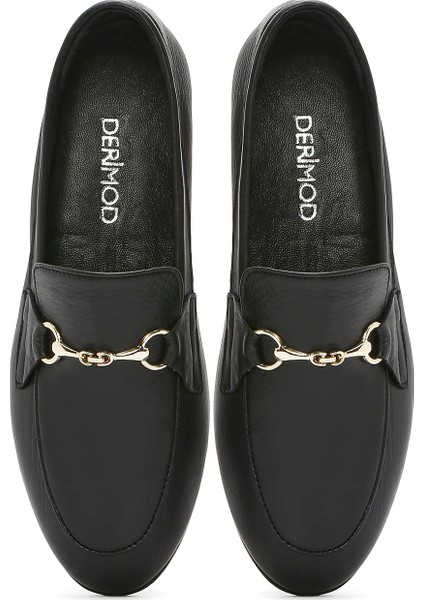 Kadın Siyah Deri Maskülen Loafer 25SFD350618