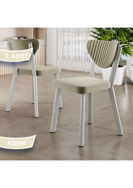 Arfe Serisi 2 Adet Krem Mutfak Sandalyesi Beyaz Metal Iskeletli 1. Sınıf Babyface Kumaş
