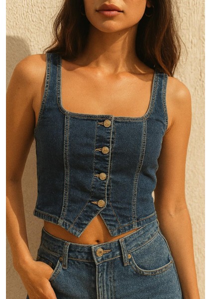 Düğmeli Denim Yelek