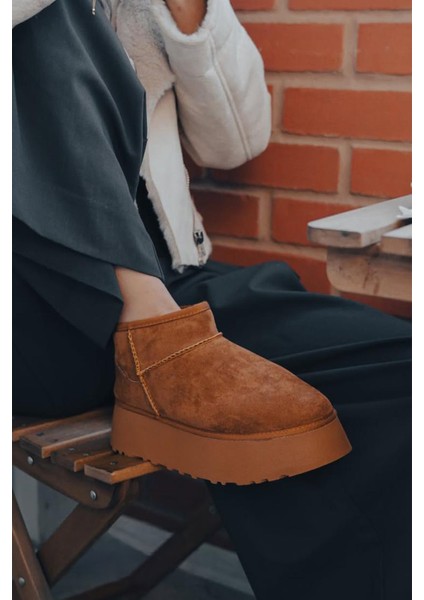 Kadın Kalın Taban İçi Kürklü Yarım Bot Tefis Taba Süet