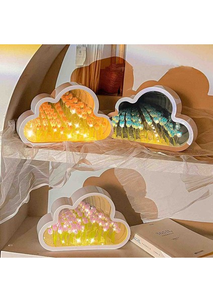 Bulut Tasarımlı Aynalı Lale Gece Lambası LED Işıklı Şık Dekoratif Lamba Hediyelik Romantik Masaüstü Aydınlatma