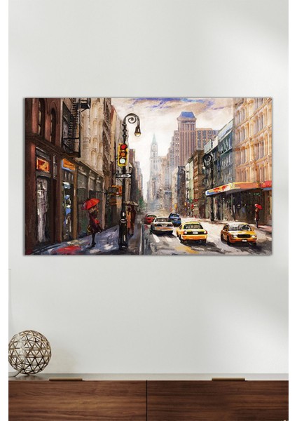 New York Sokakları Yatay Cam Tablo, Modern Ev Ofis Dekoru, Hediyelik Duvar Dekorasyonu, Kırılmaz Cam