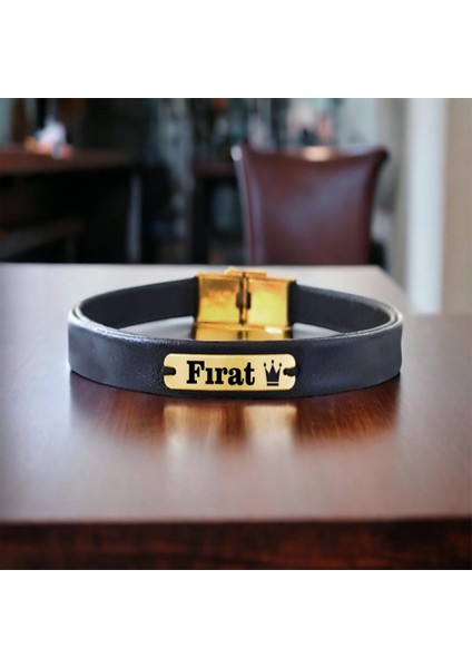 14 Ayar Plakalı Altın Fırat Ismine Özel Hakiki Siyah Derili Taç Motifli Hediye BILEKLIK-581ISIM fiyatları