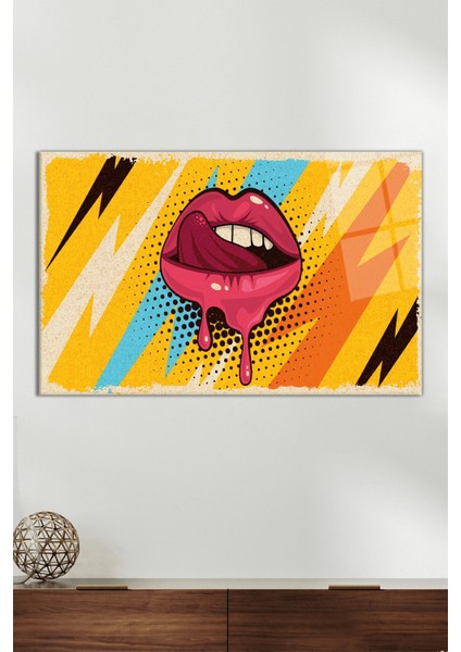 Pop Art Retro Kadın Dudağı Yatay Cam Tablo, Modern Ev Ofis Dekoru, Hediyelik Duvar Dekorasyonu